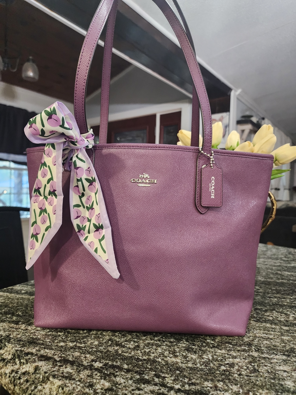 COACH City Tote Purple Saffiano Leather With Bow Scarf- 12×10×5